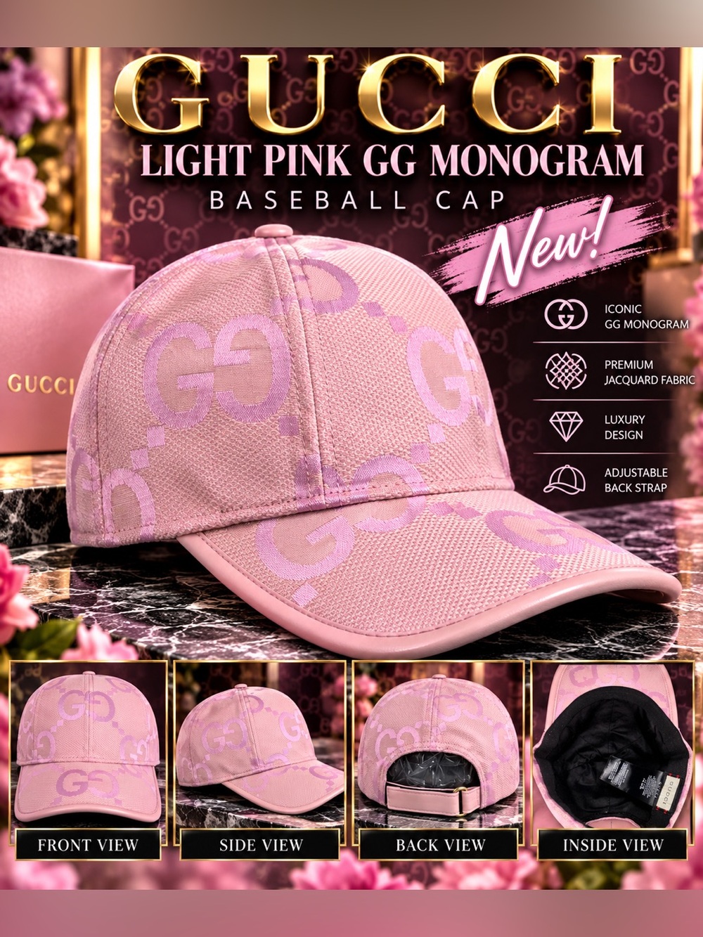 Gucci Light Pink GG Monogram Baseball Cap🔥New!